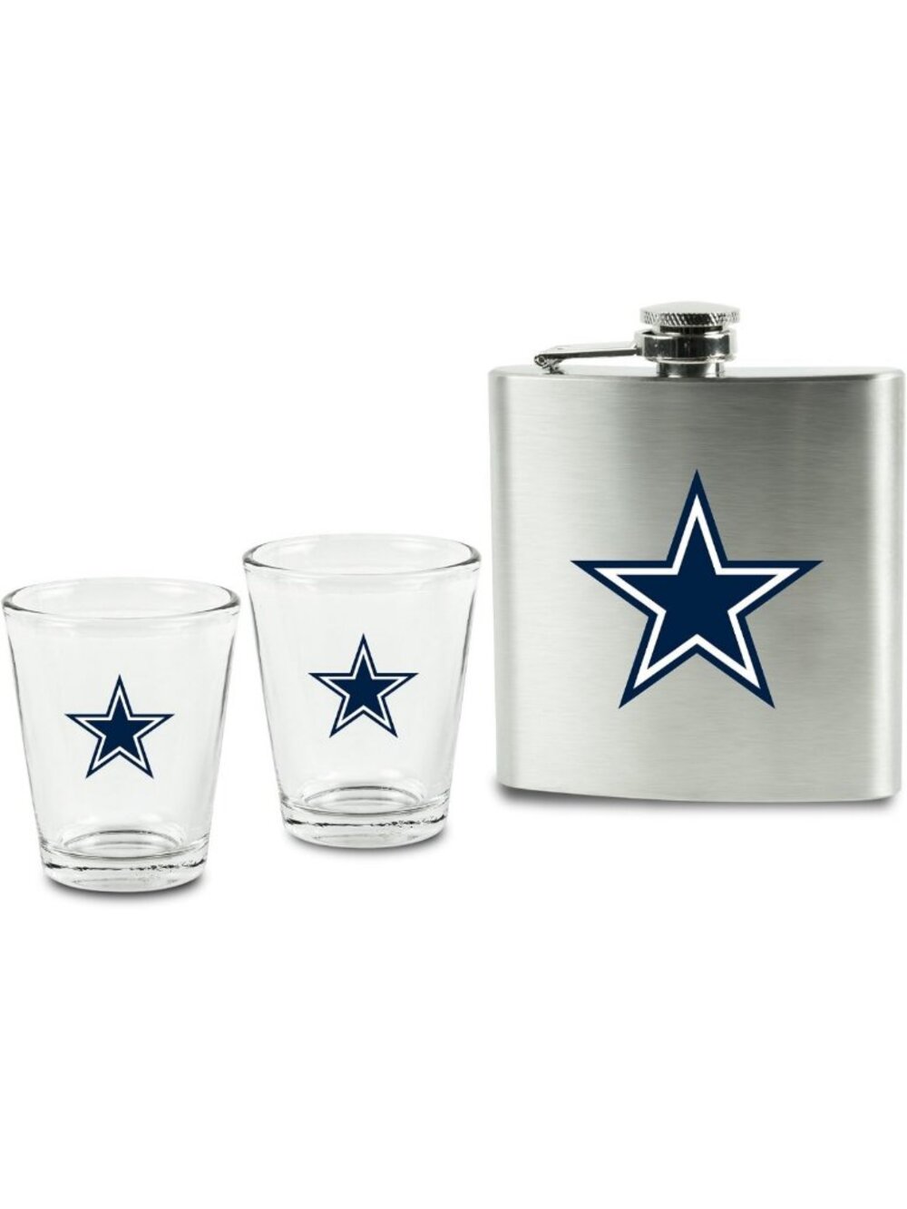 NFL Shot Glasses and Brushed Stainless Steel Flask Set